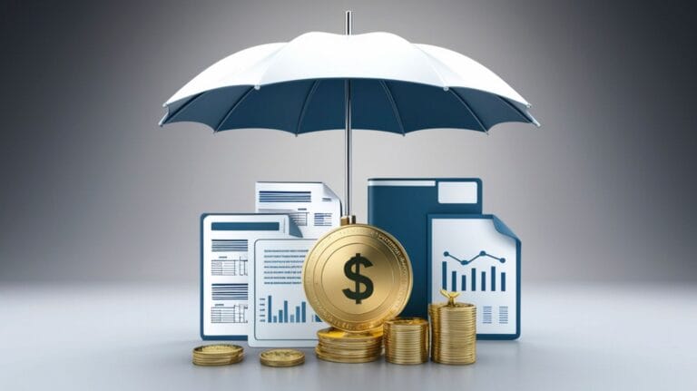 ilustração de guarda-chuva, moedas e tablets com gráficos para ilustrar um post sobre Divisão de lucros no divórcio