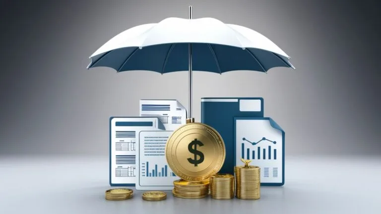 ilustração de guarda-chuva, moedas e tablets com gráficos para ilustrar um post sobre Divisão de lucros no divórcio
