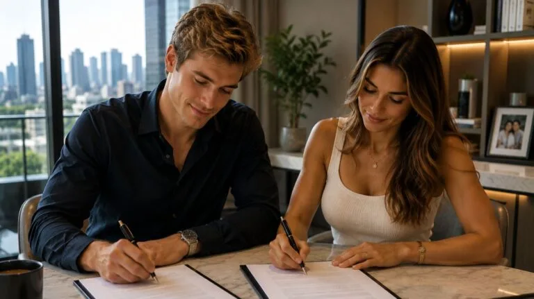 casal em escritório assinando contrato de namoro