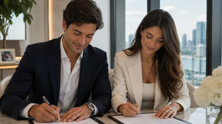 casal assinando documentos