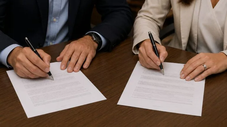 Casal em ambiente corporativo assinando documentos sobre uma mesa de reunião, com foco nas mãos e nos papéis. Ambos usam roupas sociais e demonstram seriedade durante a assinatura.