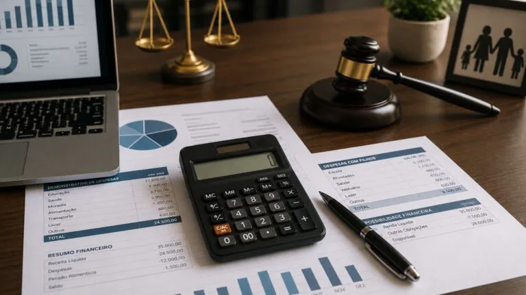 Mesa de escritório com calculadora sobre documentos financeiros, gráficos e relatórios de despesas, ao lado de notebook, caneta e símbolos discretos da justiça, em um ambiente sofisticado e profissional relacionado a pensão alimentícia e Direito de Família.