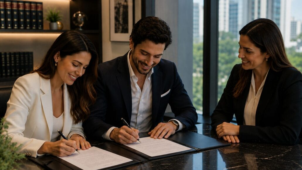 Casal elegante assinando documentos em uma mesa de mármore em um escritório sofisticado, acompanhado por uma advogada. O ambiente possui decoração corporativa moderna, iluminação aconchegante, estantes ao fundo e grandes janelas com vista urbana, transmitindo profissionalismo, exclusividade e um atendimento jurídico de alto padrão.